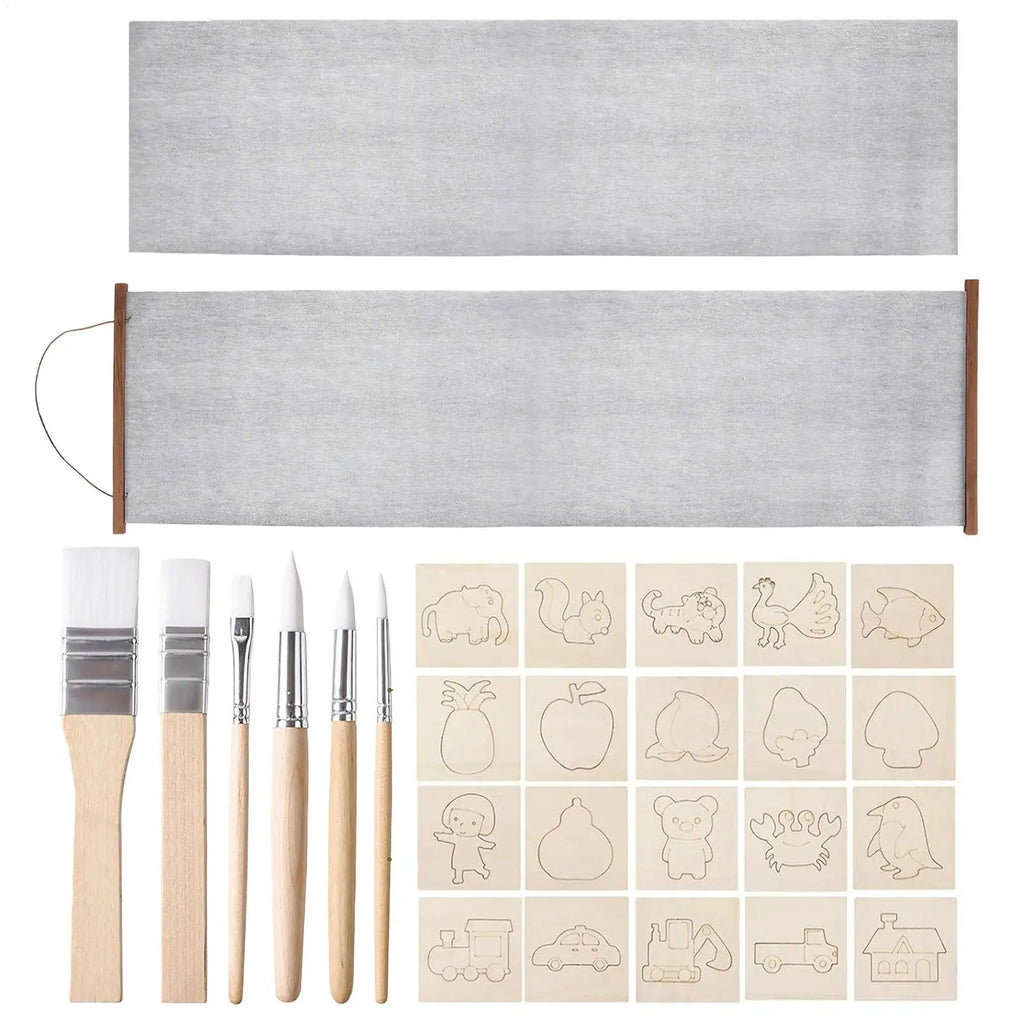 Water Canvas on wooden rods with six wooden brushes and twenty wooden stencils