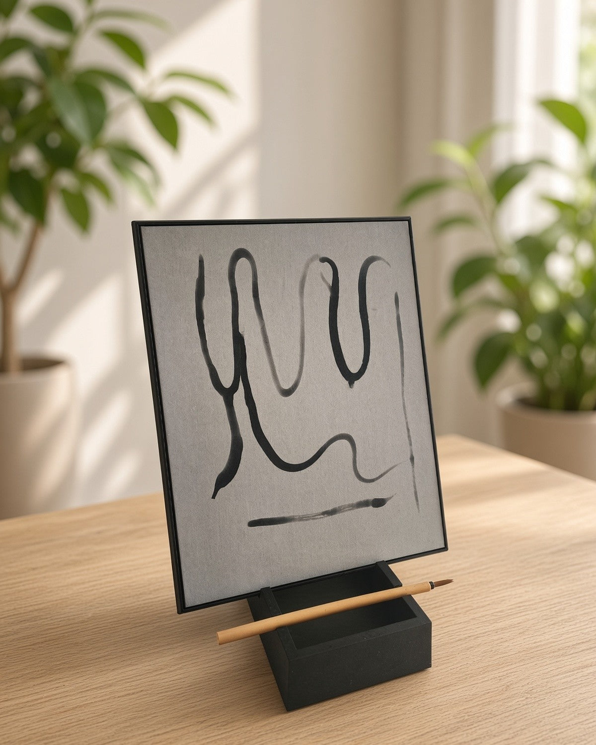 Little Otter Water Easel standing upright in its stand on an oak table