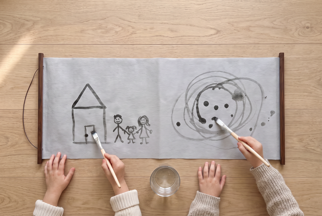 Two children paint side by side on the long grey Water Canvas with plain water, wooden rods at each end: a house and stick family on one side, toddler scribbles on the other