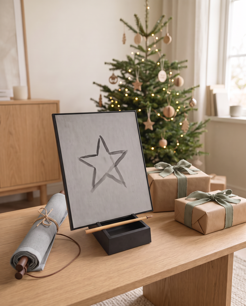 The Water Painting Gift Set at Christmas: the Water Easel with a water-painted star beside the rolled Water Canvas on its wooden rods, next to wrapped presents and a tree